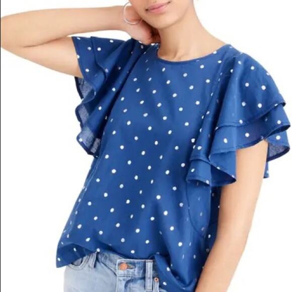 NWT J. Crew Ruffle Flutter Sleeve Metallic Polka Dot Top - foil Indigo Silver - Picture 2 of 10